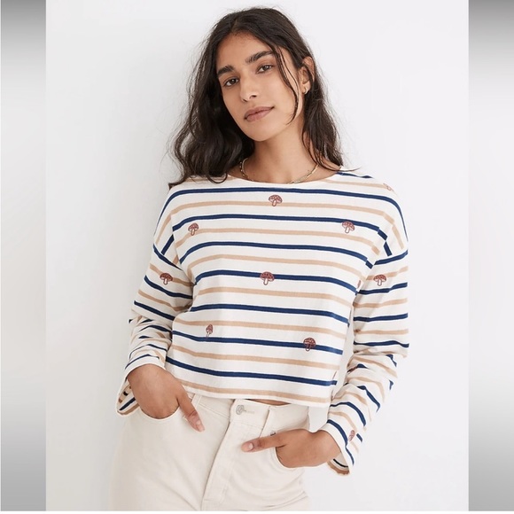 Madewell Tops - Madewell Mushroom Embroidered Crop Long-Sleeve Tee in Stripe Shirt Sz M